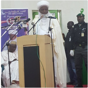 *The Chief Celebrant, Sultan of Sokoto and Sarikin Mu'mineen of Nigeria, Alhaji Muhammad Sa'ad Abubakar III, delivering his address at the symposium.
