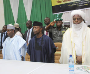 *From Left: Governor of Sokoto State, Alhaji Aminu Waziri Tambuwal, Vice President Yemi Osinbajo and the chief celebrant and Sultan of Sokoto, Alhaji Muhammad Sa'ad Abubakar III, at the International Symposium on the Sokoto Caliphate, in Sokoto, yesterday.