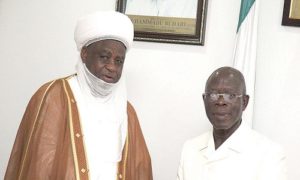 Sultan of Sokoto and President-General of the Nigerian Supreme Council for Islamic Affairs (NSCIA), Alhaji Muhammad Sa'ad Abubakar III, being received by Governor of Edo State, Adams Oshimhole, ahead of the conference that produced S. O. Babalola as Deputy President-General, NSCIA (South).