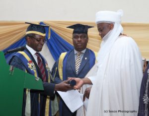 *President Muhammadu Buhari represented by Vice President Yemi Osinbajo installing the Sultan of Sokoto Alhaji Muhammad Sa'ad Abubakar III Chancellor, University of Ibadan in November 2015.