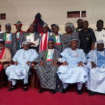 *President Muhammadu Buhari (4l) flanked by the the APC National Chairman, Chief John Oyegun (5r) and the APC Candidate at the Ondo State Election, Barr. Rotimi Akeredolu while the Senate President, Bukola Saraki (4r) and other leaders in a group photograph with all the APC Aspirants during the meeting between President Buhari and all the Onto State Gubernatorial Aspirants of the APC as part of the events markIng the grand finale of the APC Governorship Campaign at The Dome, Akure.
