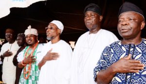 *From Left: Governor Rauf Aregbesola of Osun flanked by Director, Bureau of Communication & Strategy, Osun, Semiu Okanlawon, Member House of Assembly, Hon Ibrahim Abdullah Gbadebo, Donor, Chief Abiola Ogundokun and a chieftain of the All Progressives Congress in Osun, Chief Peter Babalola, at the commissioning of a secretariat complex donated by Ogundokun to the Iwo East Local Council Development Council (LCDA) on Thursday November 10, 2016.