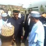 *Governor Olusegun Mimiko receives President Buhari on arrival at the Akure Airport, Saturday.