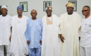 *Last courtesy visit to Papa Olaniwun: From left: Ogbeni Rauf Aregbesola, Governor of Osun State, Alhaji Lai Mohammed, Minister of Information and Culture, the late Papa Olaniwun Ajayi, Asiwaju Bola Ahmed Tinubu, former Governor of Lagos State, Mr. Akinwumi Ambode, Governor of Lagos State and Chief Pius Akinyelure, during their last visit to Pa Ajayi.