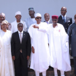 President Muhammadu Buhari (M) flanked by Executive Secretary, Nigerian Content Development & Monitoring Board, Engr Simbi Kesiye Wabote, Chief of Staff, Mallam Abba Kyari, Minister of State Petroleum Resources, Dr Emmanuel Ibe Kachikwu, Chairman PETAN and Board member of NCDMB, Mr Bank Anthony Okoroafor others as President inaugurates the boards members of NNPC, NNRA AND NCDMB at the State house Council Chamber in Abuja.